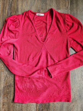Marine Layer red v neck stretchy long sleeve women's shirt sz small puff sleeve